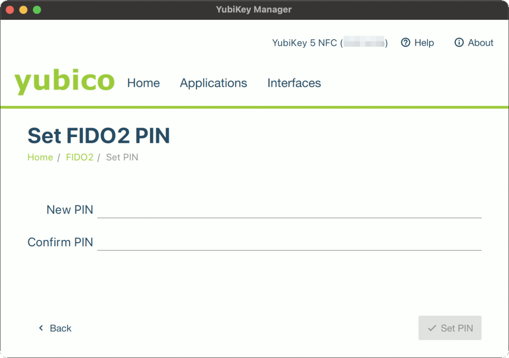 YubiKey Manager > FIDO2 > Set PIN