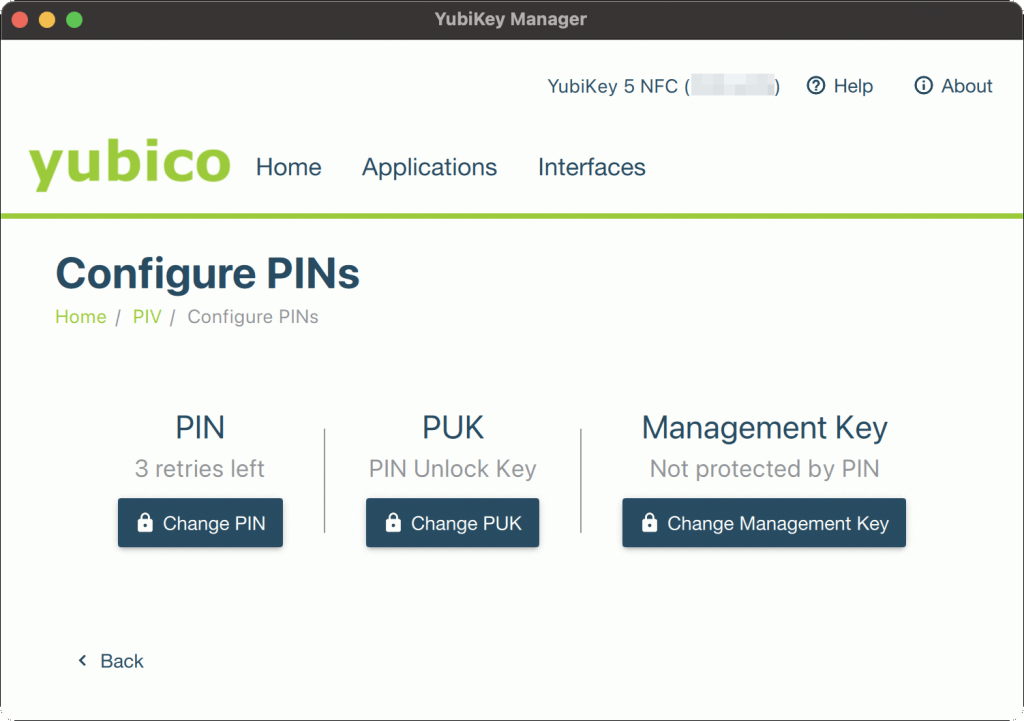 YubiKey Manager(GUI) PIV PIN（未登録）