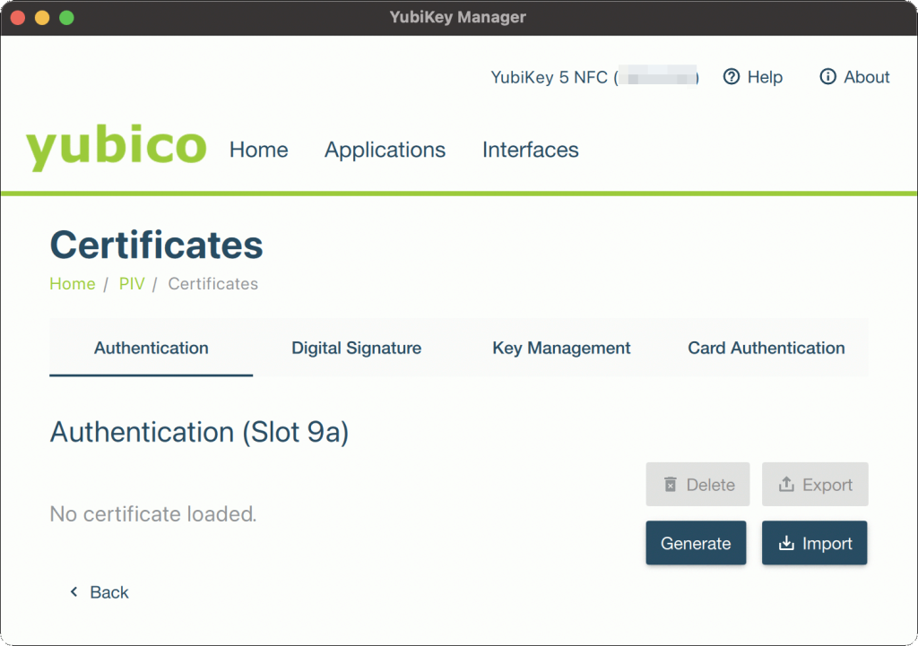 YubiKey Manager > PIV > Certificates *Configure Certificates