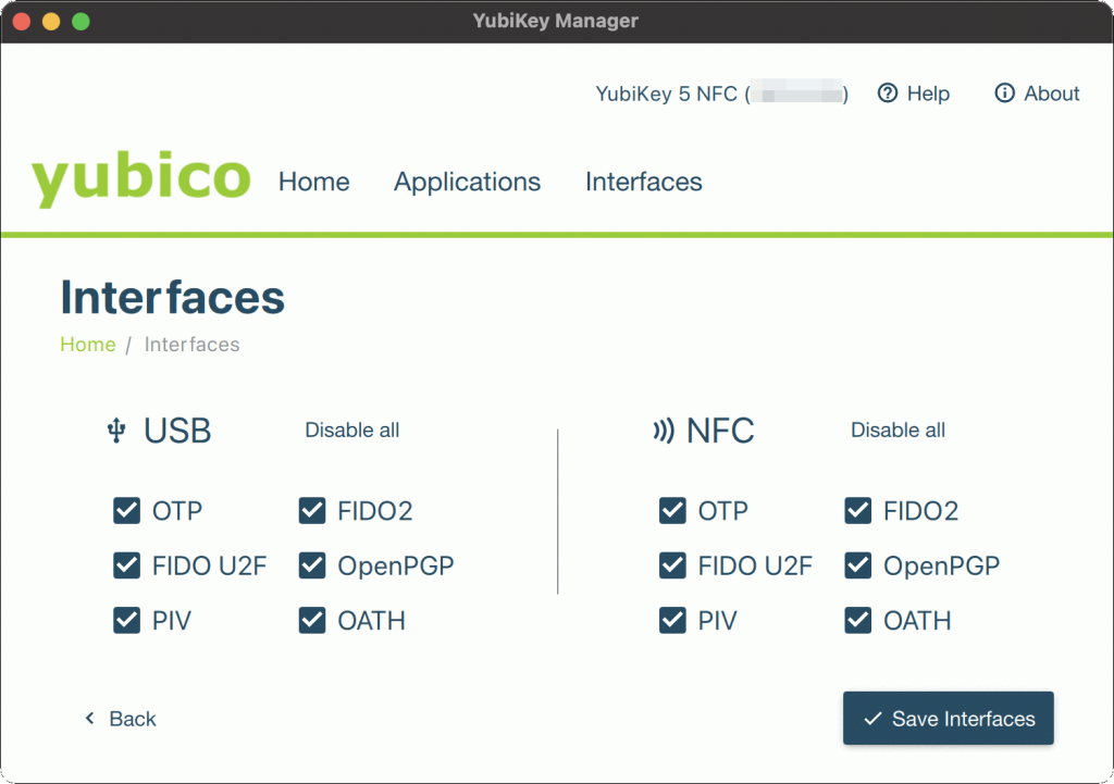 YubiKey Manager(GUI) Interfaces FIDO2（有効）