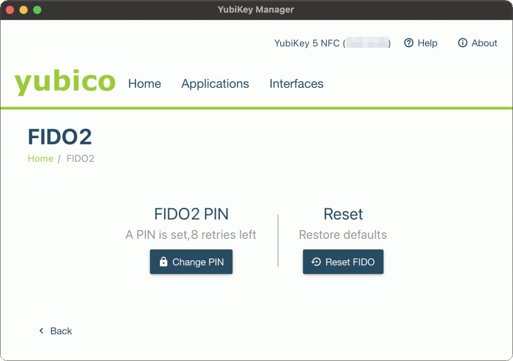 YubiKey Manager(GUI) FIDO2 PIN（登録済）