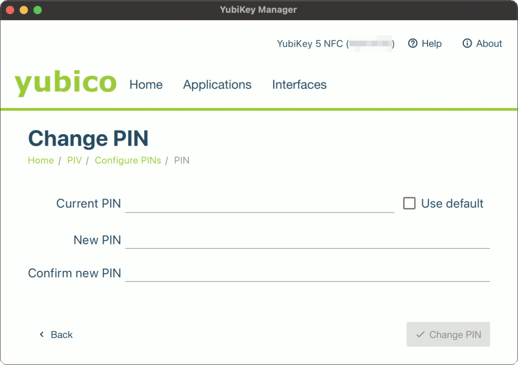 YubiKey Manager(GUI) PIV PIN（登録）