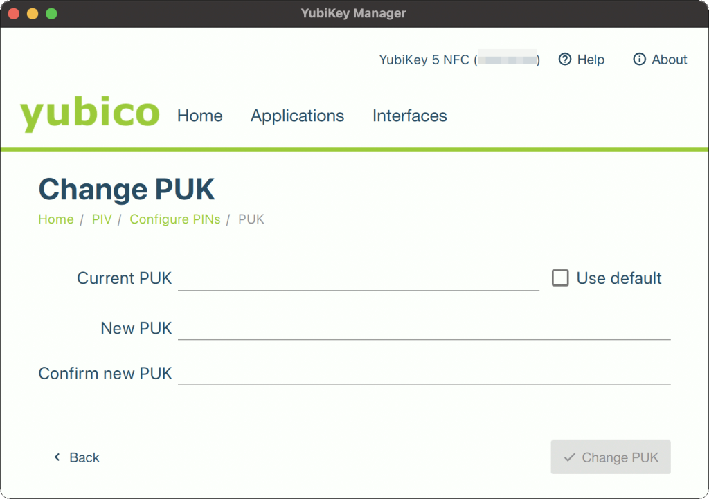 YubiKey Manager(GUI) PIV PUK（登録）