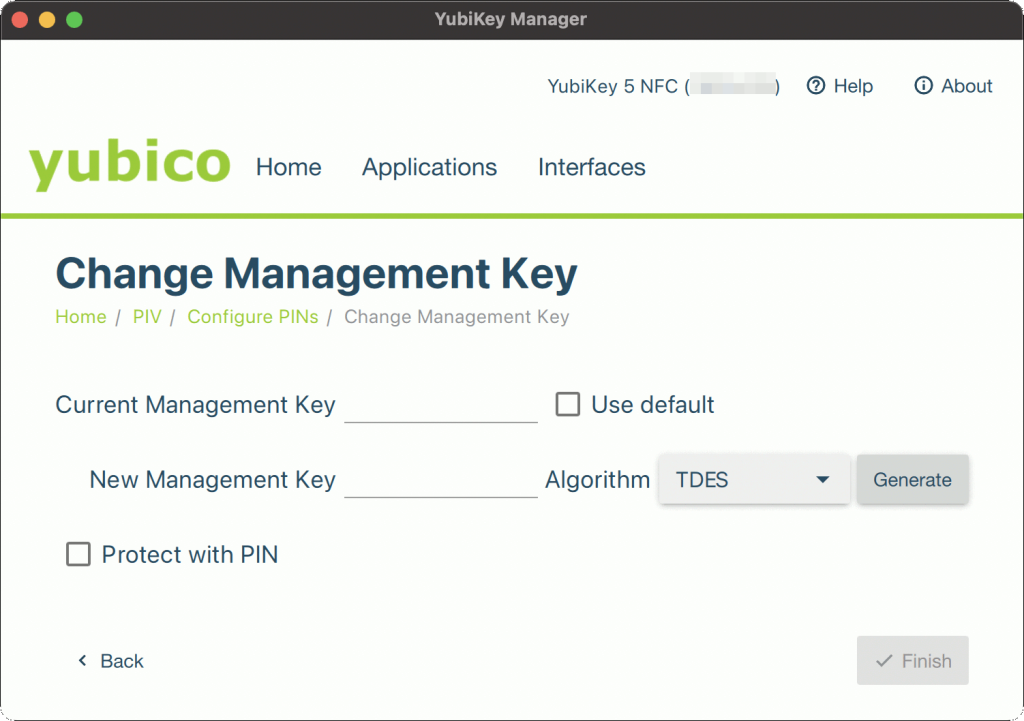 YubiKey Manager(GUI) PIV Management Key（登録）