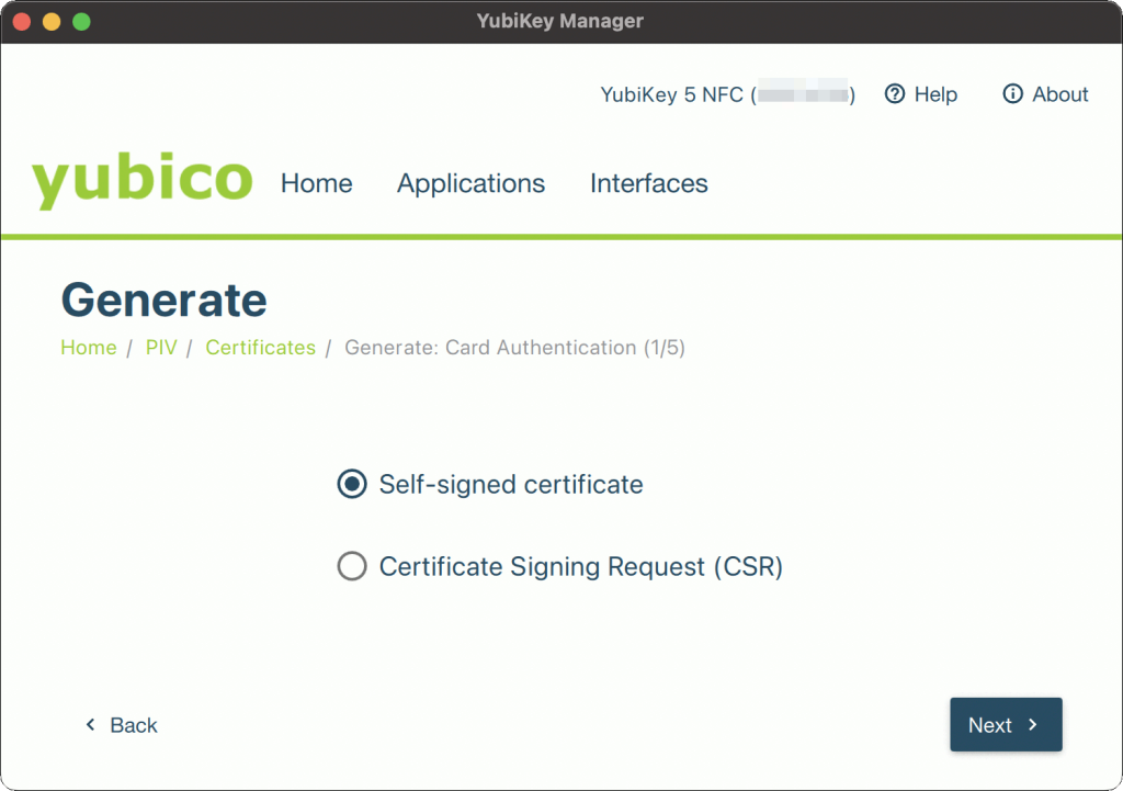 YubiKey Manager(GUI) PIV Certificates（登録）Step1