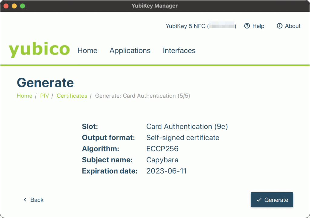 YubiKey Manager(GUI) PIV Certificates（登録）Step5