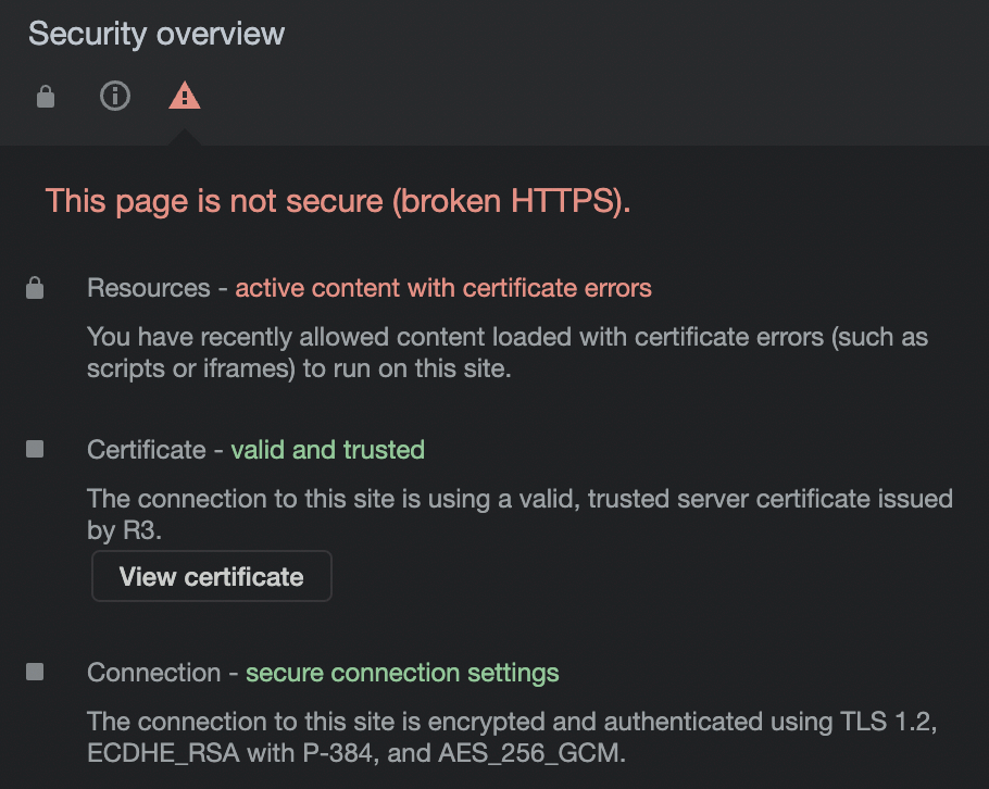 デベロッパーツールのSecurityタブ（Resources - active content with certificate errors）