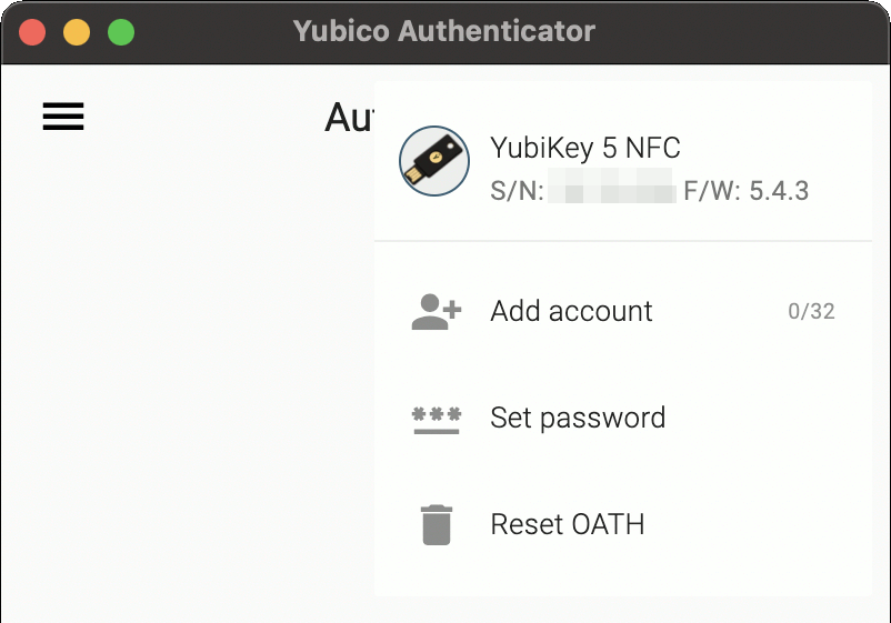 Yubico Authenticator > Authenticator > menu