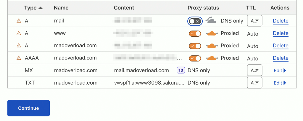 Cloudflare > DNSレコード(変更後)