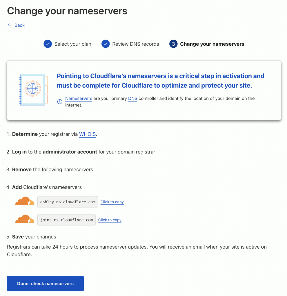 Cloudflare > Change your nameservers