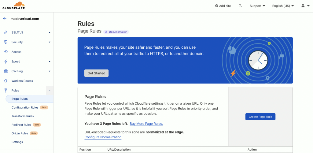 Cloudflare > Rules > Page Rules