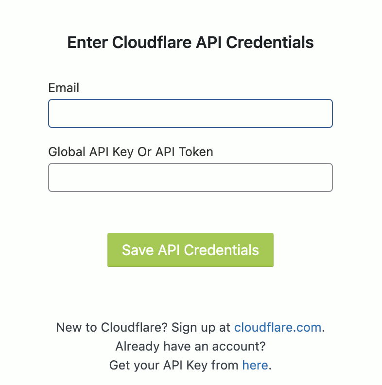 Cloudflare WordPress プラグイン > API Credentials 入力