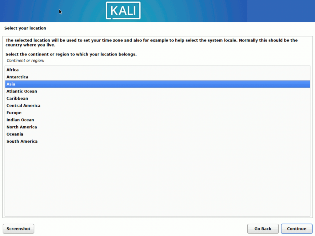 Kali Linux > インストール > Select your location 2