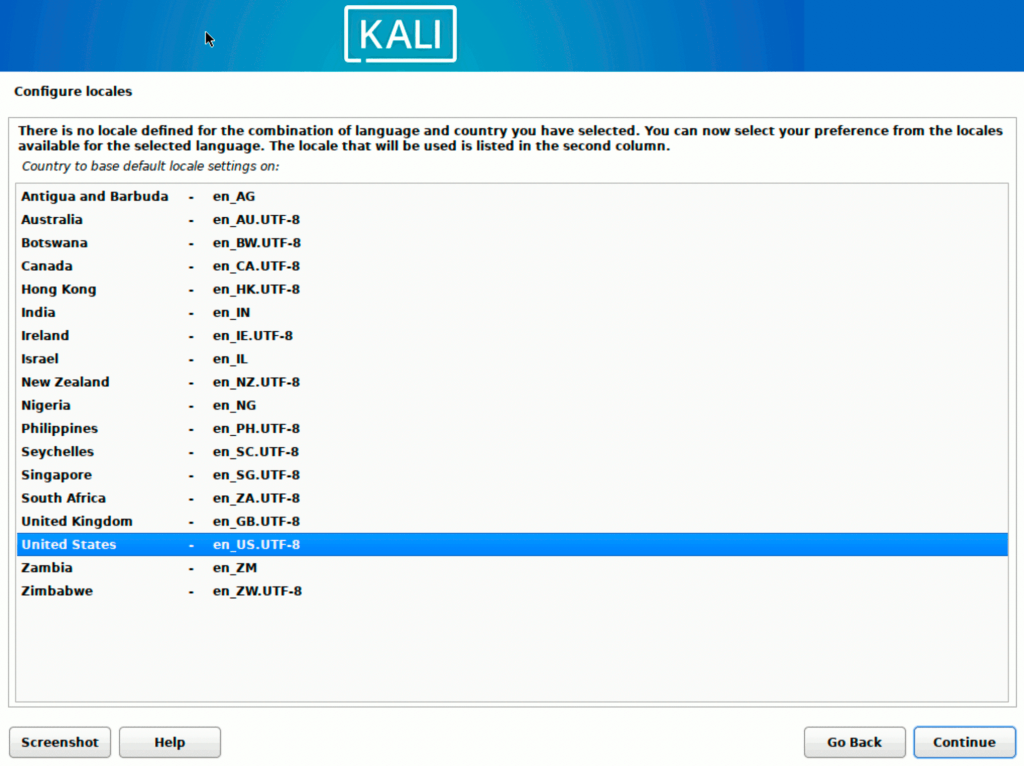 Kali Linux > インストール > Configure locales