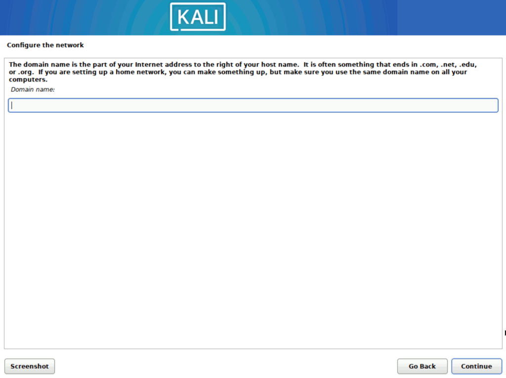 Kali Linux > インストール > Configure the network 2