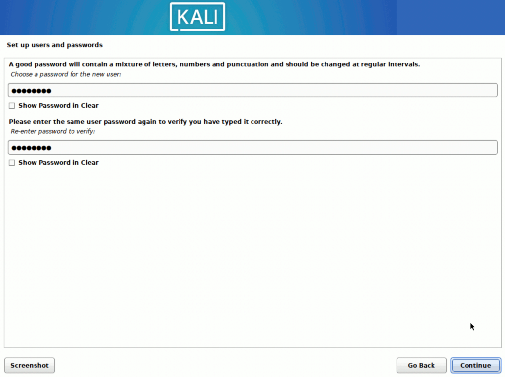 Kali Linux > インストール > Set up users and passwords 3