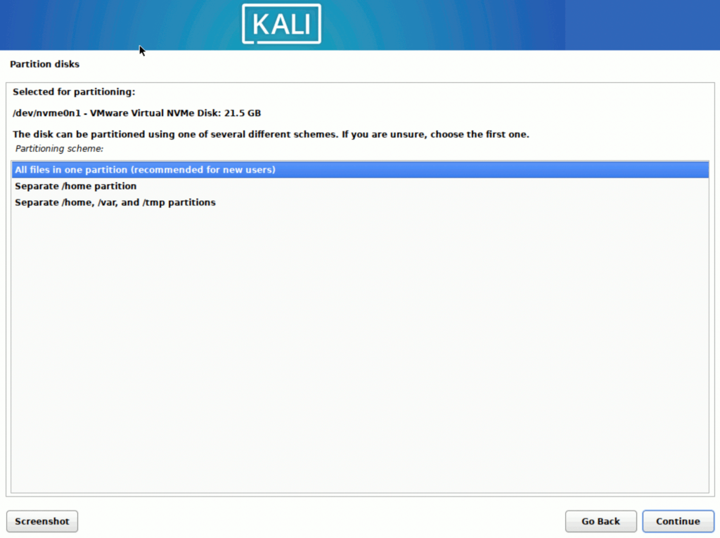 Kali Linux > インストール > Partition disks 3