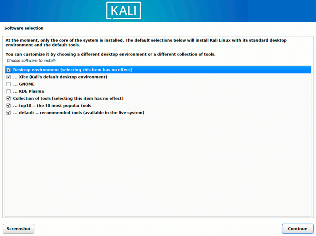 Kali Linux > インストール > Software selection